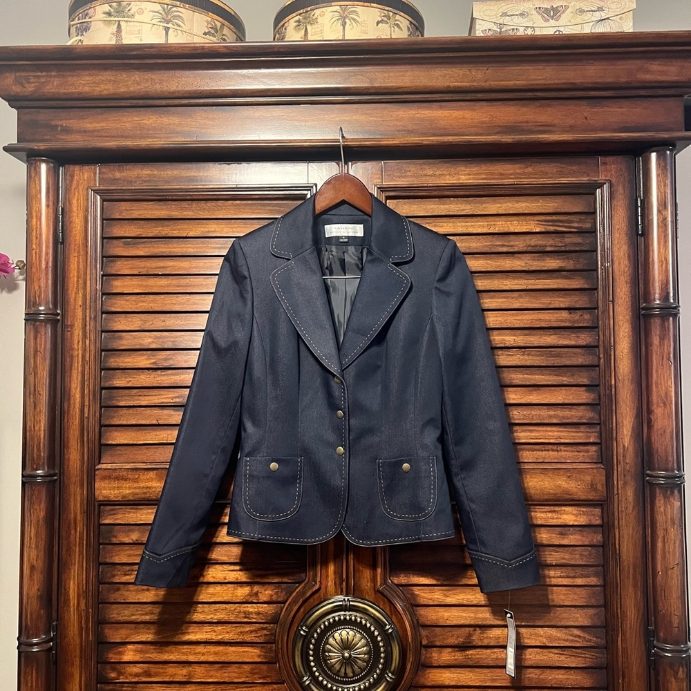 NWT Tahari Arthur S Levine Shaelyn Blue Jean Navy Blazer Jacket Sz 4 Flaw